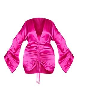 Plus Fuchsia Satin Plunge Ruched Front Dress